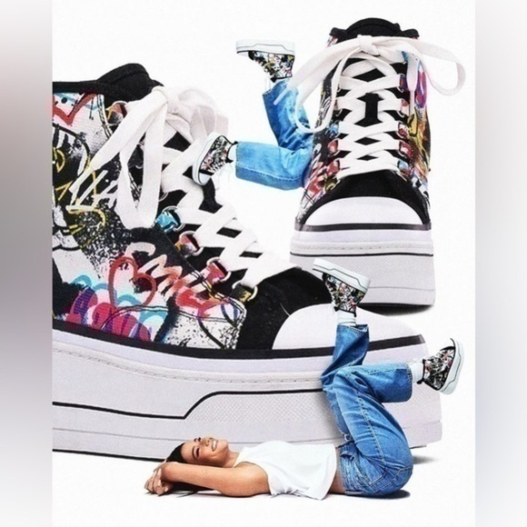 D’Amelio High Top Platform Retro Sneakers Sz 8 Black Graffiti Eyekonn Y2K Shoes - Picture 1 of 11